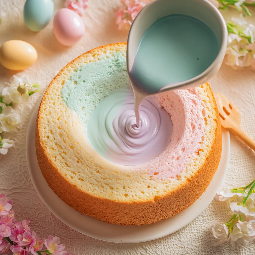 Easter Bunny Poke Cake Recipe – The Sweetest Surprise on Your Easter Table 7 Pudding being added to poke cake