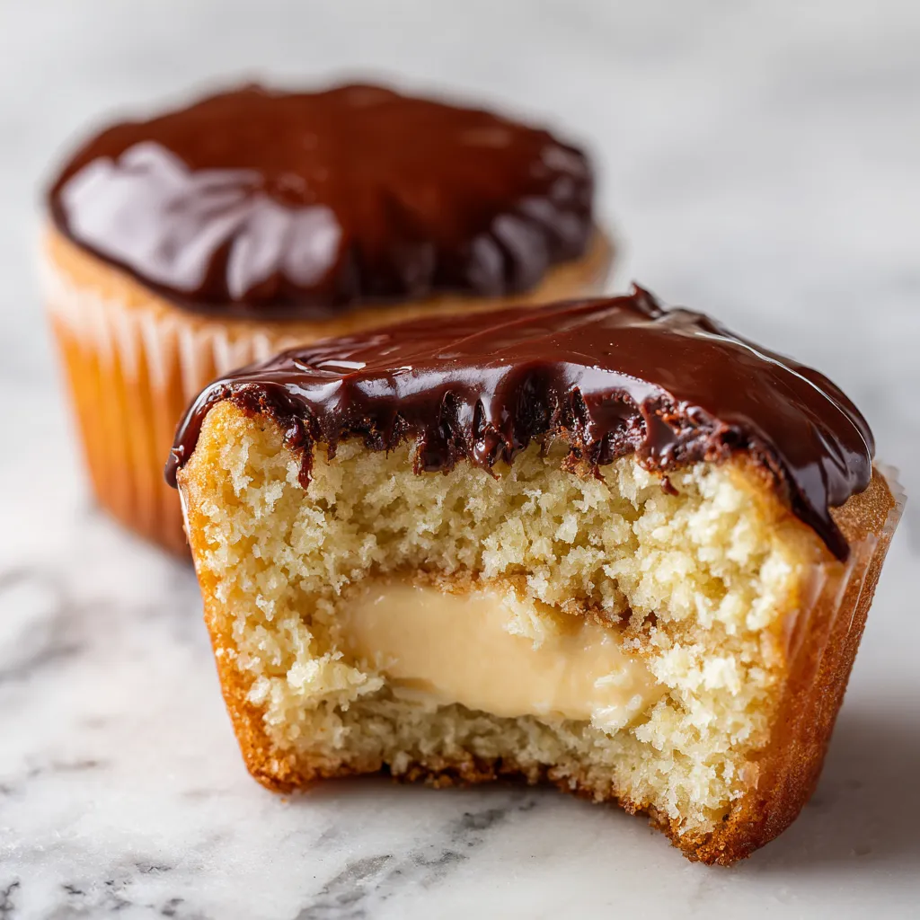 Boston creamed pie cupcakes on rustic tables