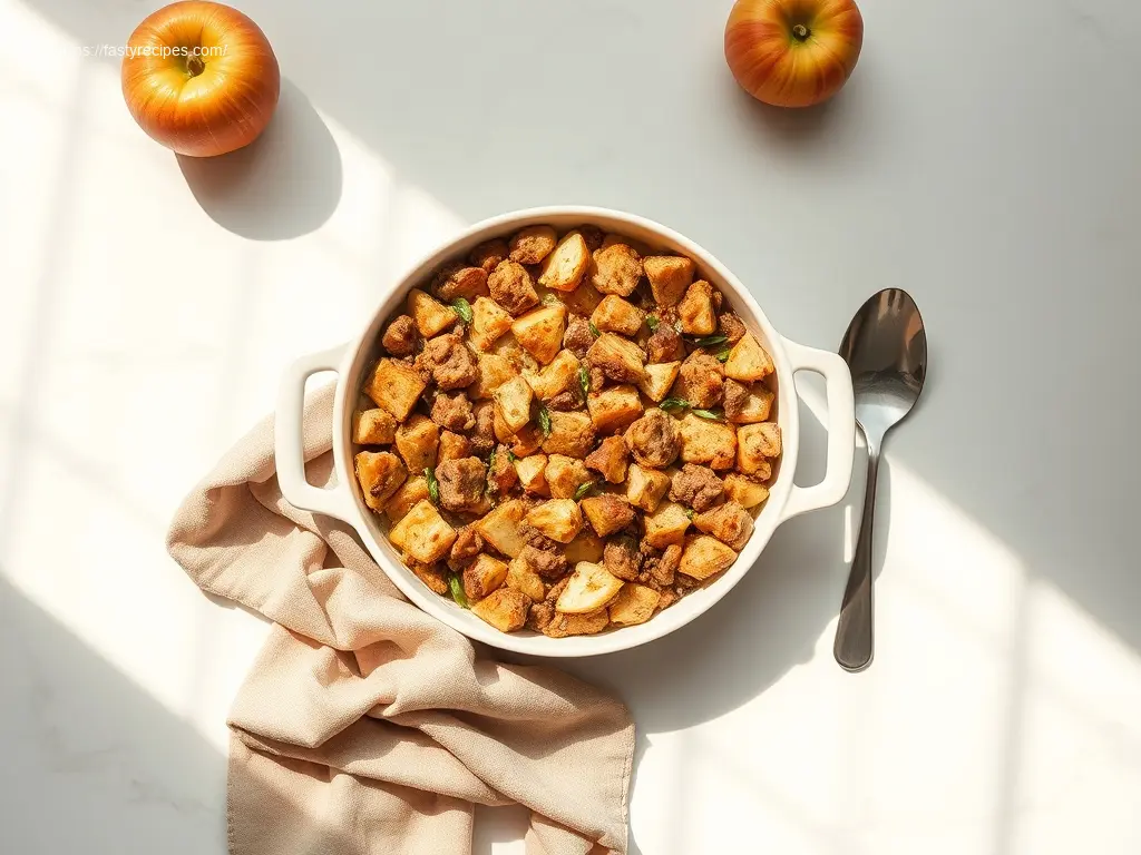 Golden brown Apple & Sausage Stuffing Bake on white marble