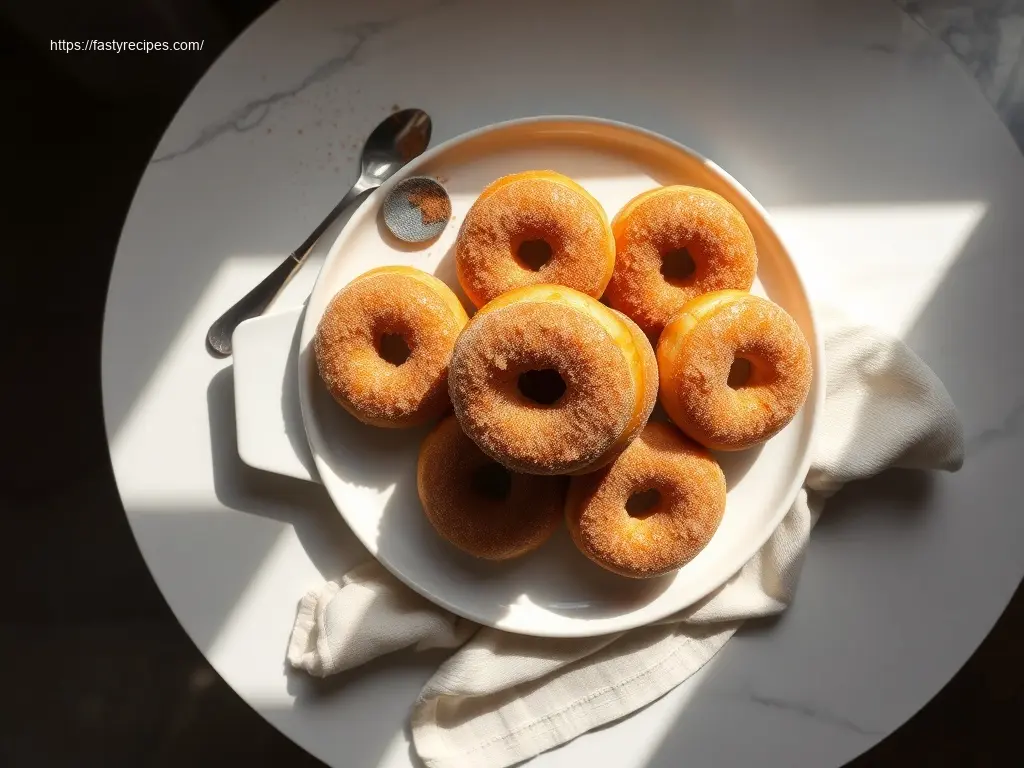 Baked Brioche Donuts with Cinnamon Sugar on a white platter