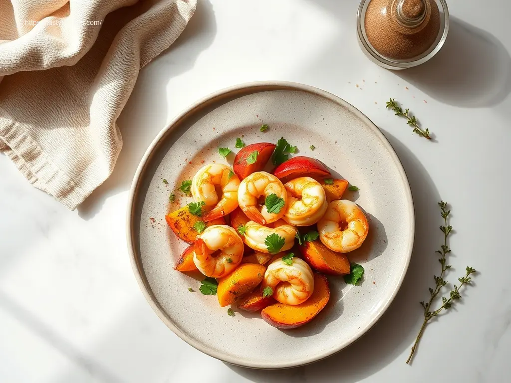 Baked Garlic Parmesan Shrimp with Squash, fresh parsley garnish