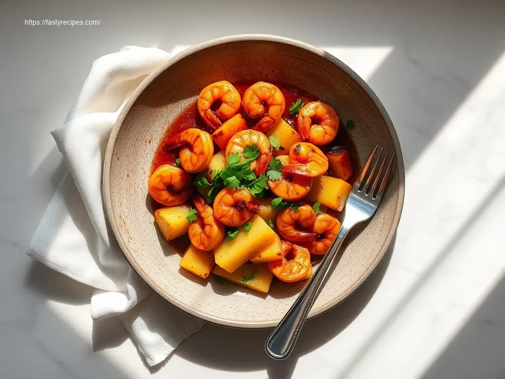 Delicious BBQ Glazed Shrimp with Pineapple overhead flatlay