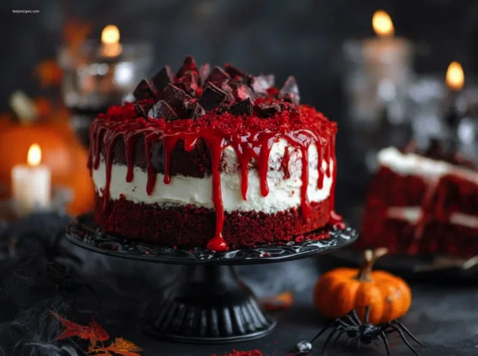 Delicious slice of bloody red velvet cake ready to eat