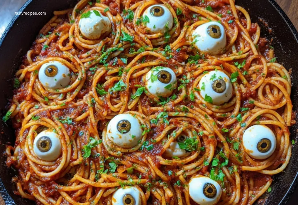 Halloween Bloody Spaghetti with Mozzarella Eyeballs