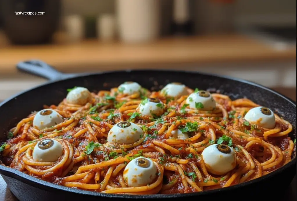 Bloody Spaghetti with Mozzarella Eyeballs Halloween