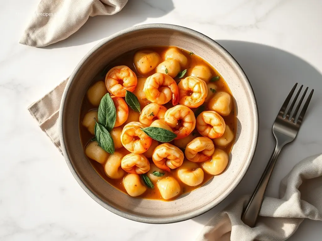 Delicious Brown Butter Sage Shrimp with Gnocchi on white marble