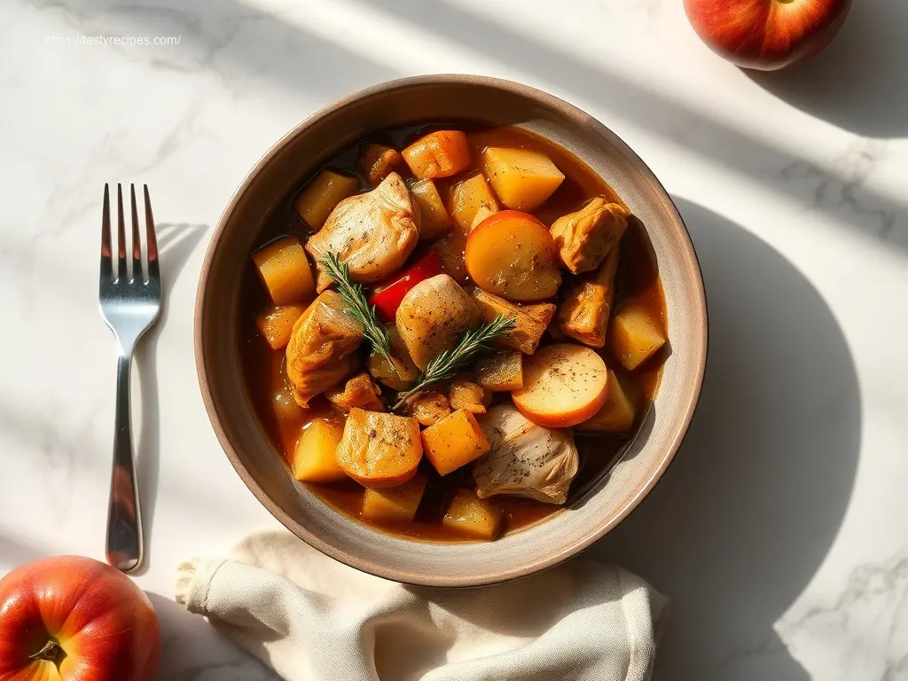 Delicious Chicken Apple Cider Fall Stew overhead view