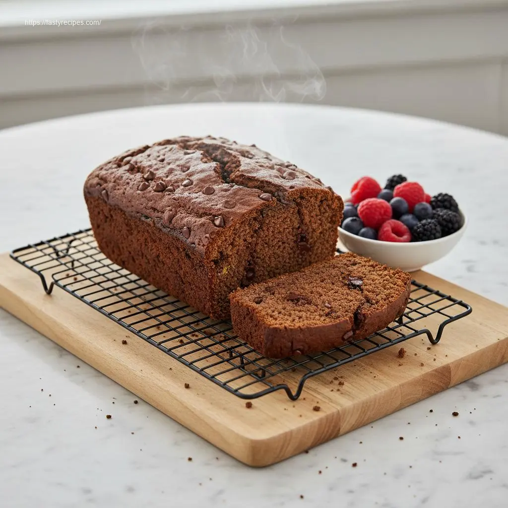 Zucchini Bread: Discover 9 Delicious Ideas 3 Warm chocolate zucchini bread loaf cooling on a wire rack.