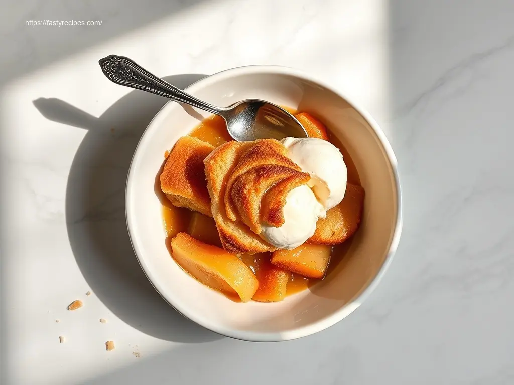 Warm Cinnamon Roll Apple Cobbler dessert dish