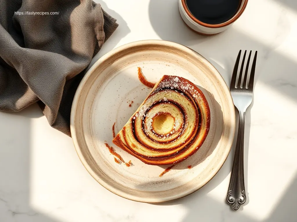 Delicious cinnamon swirl coffee cake on a white marble table