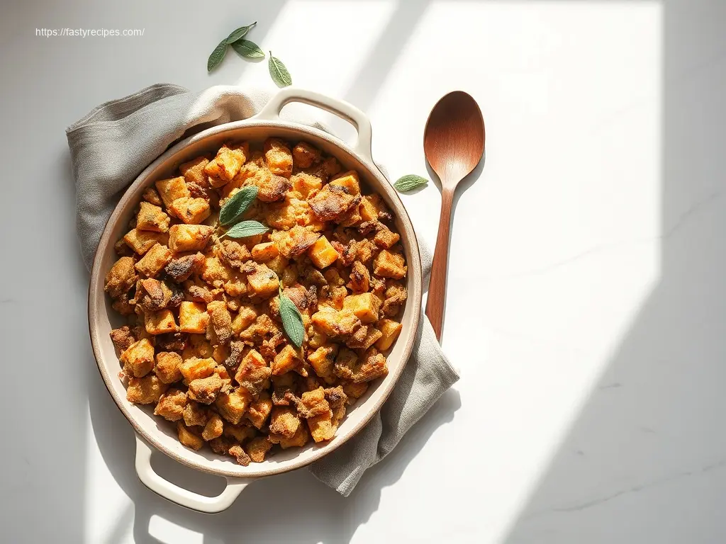 Classic Grandmas Thanksgiving Stuffing golden brown with herbs