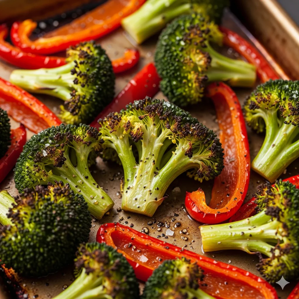 A sheet pan of golden roasted chicken thighs with broccoli bell peppers cherry tomatoes and lemon slices.