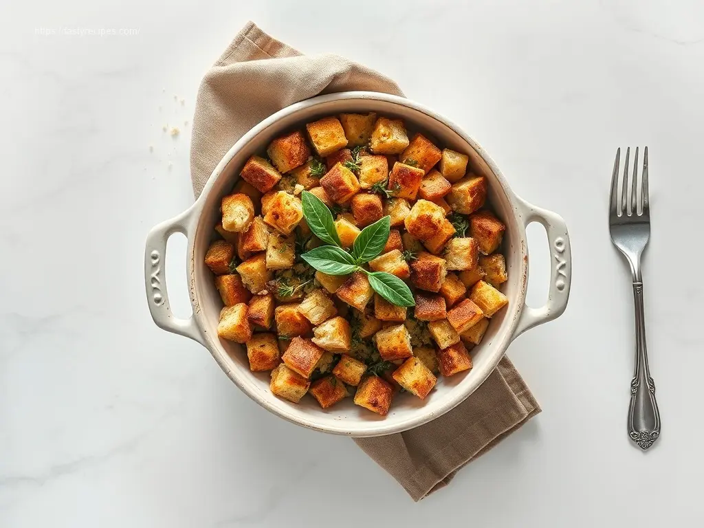 Delicious Cornbread Stuffing with Sage and Thyme flatlay