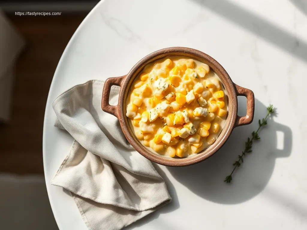 Delicious Crockpot Creamed Corn with Cream Cheese overhead view