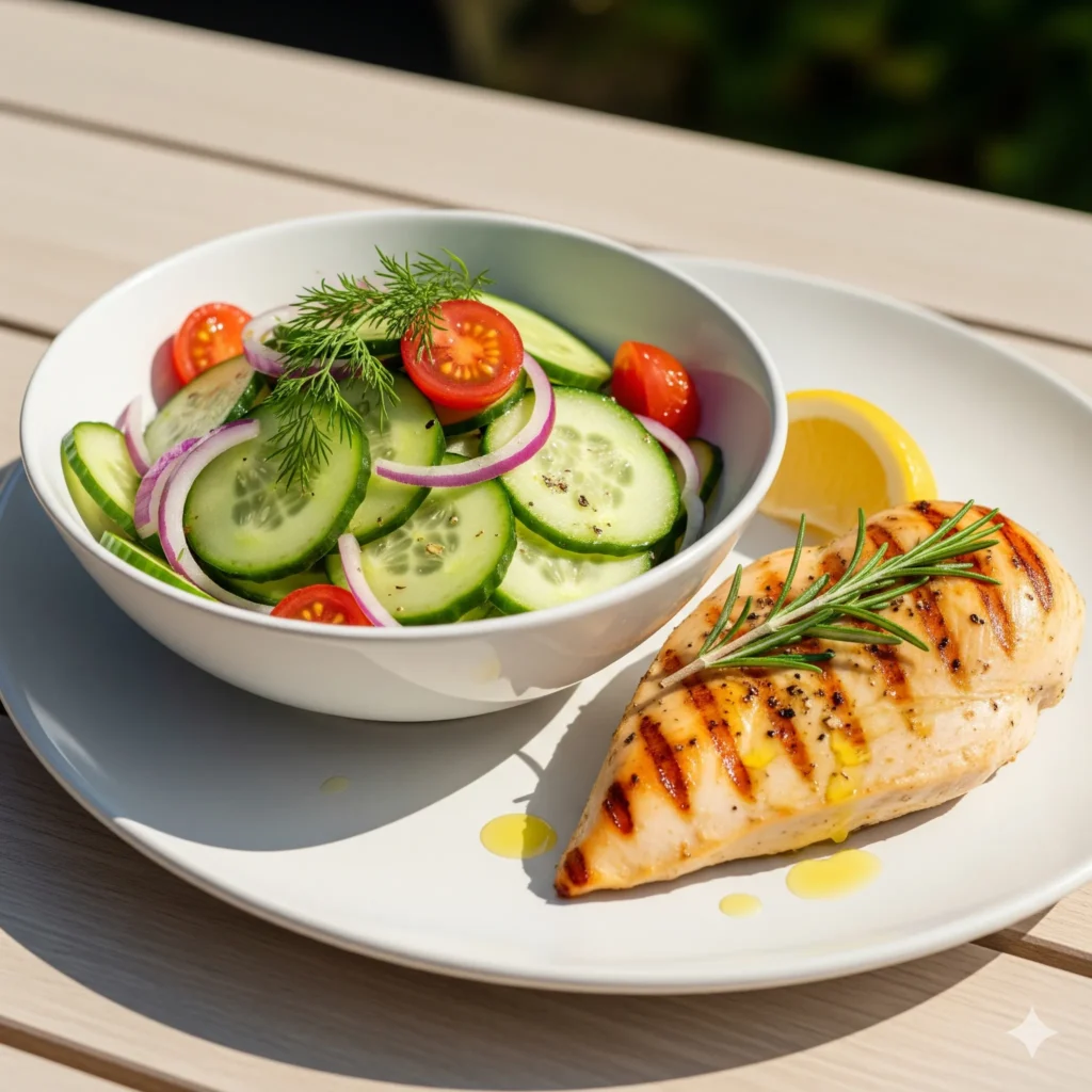 Cucumber Salad: My 1 Secret Ingredient Revealed 4 A plate with grilled chicken breast served alongside cucumber salad with tomatoes onions and dill.