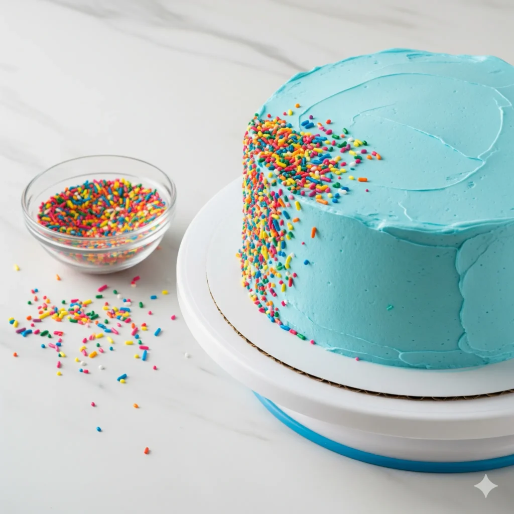 Birthday Cake: Top 6 Toppings Everyone Loves 4 Blue frosted cake decorated with rainbow sprinkles