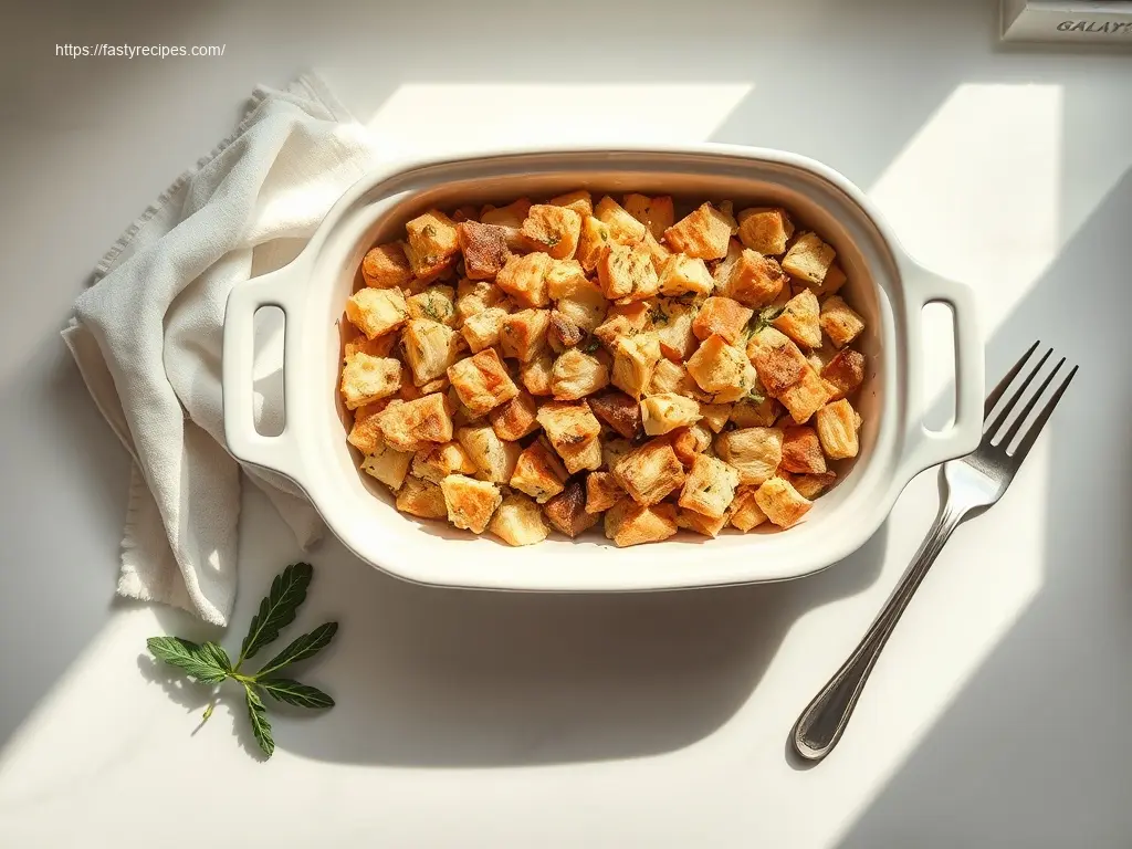 Delicious Easy Crockpot Stuffing with herbs on a white table