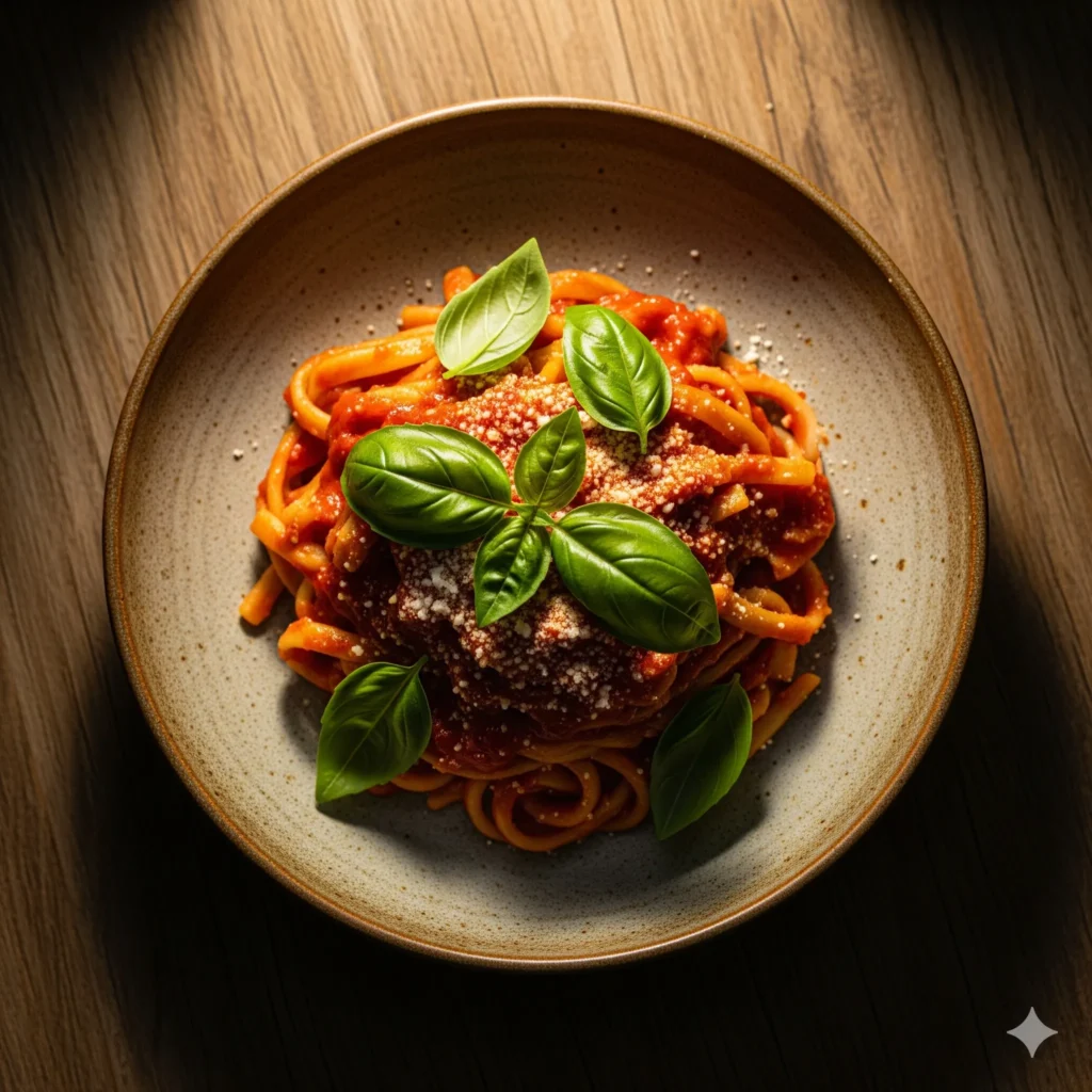 Pasta dish topped with tomato sauce and basil leaves