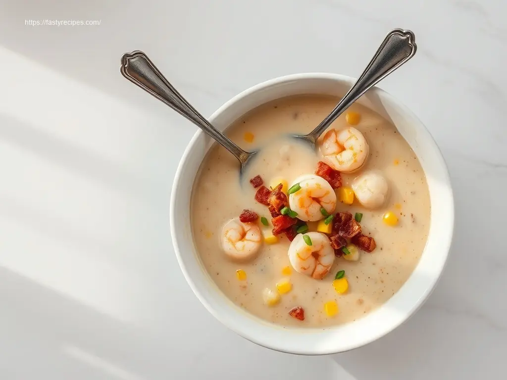 Delicious Fall Shrimp Chowder with Corn and Bacon overhead