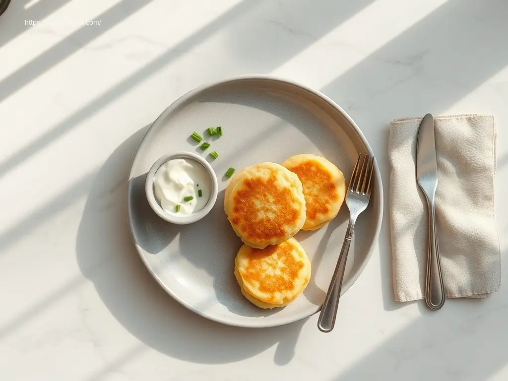 Gluten-Free Mashed Potato Pancakes: My 4 Fave Ideas 2 Delicious gluten free mashed potato pancakes on a marble table