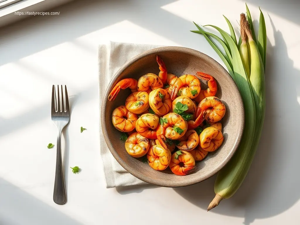 Delicious grilled cajun shrimp with corn, perfectly plated