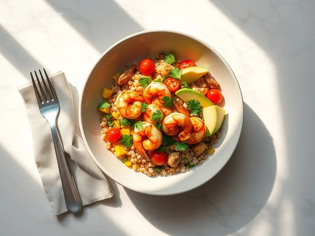 Irresistible Grilled Shrimp Grain Bowl on marble