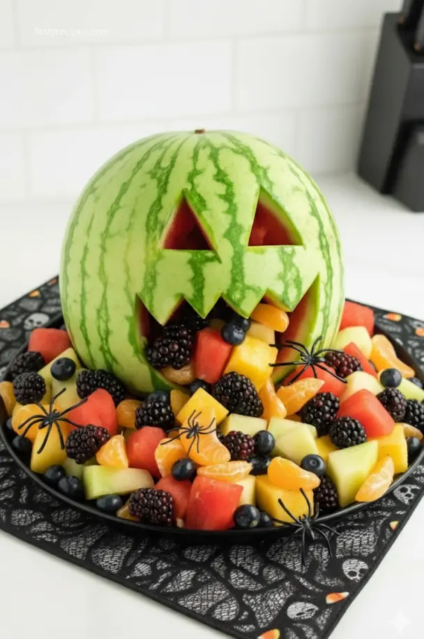 Carved watermelon halloween monster fruit bowl with fresh fruit