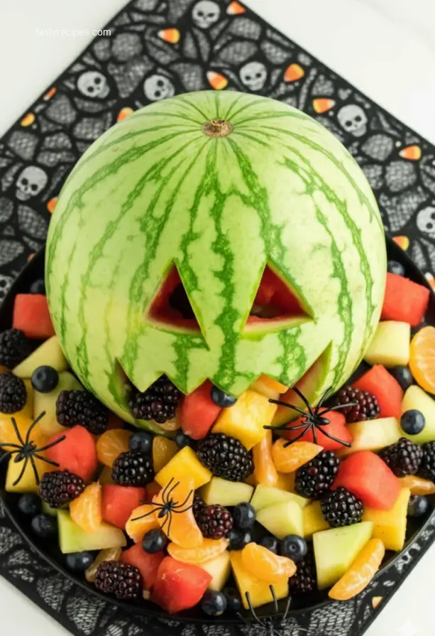 Delicious halloween appetizers laid out on a white marble table