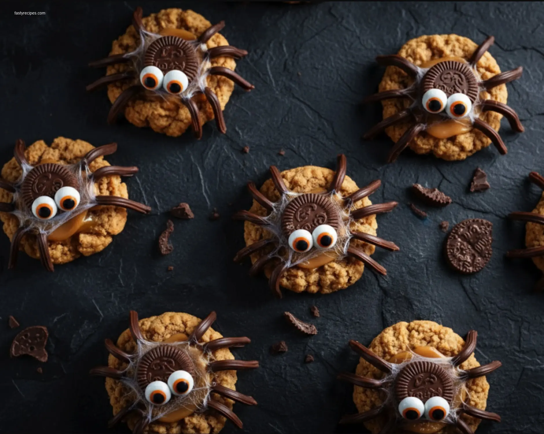Festive Halloween cookies and cupcakes on a white table
