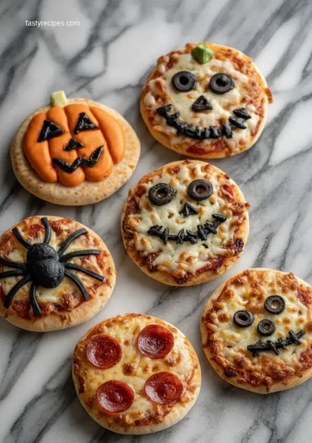 Halloween Mini Pizzas on cutting board