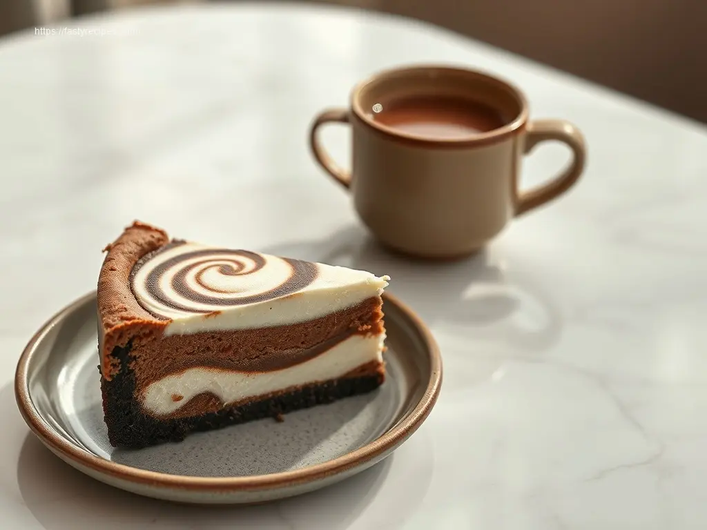 Hot Cocoa Cheesecake with Marshmallow Swirl: 1 Dessert Idea 1 Delicious Hot Cocoa Cheesecake with Marshmallow Swirl on a white table