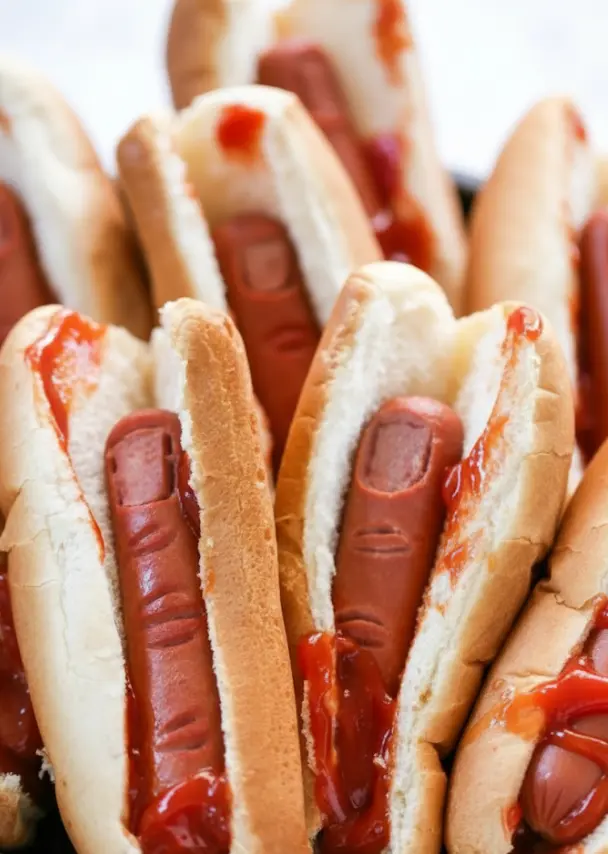 Spooky Halloween hot dog fingers artfully arranged