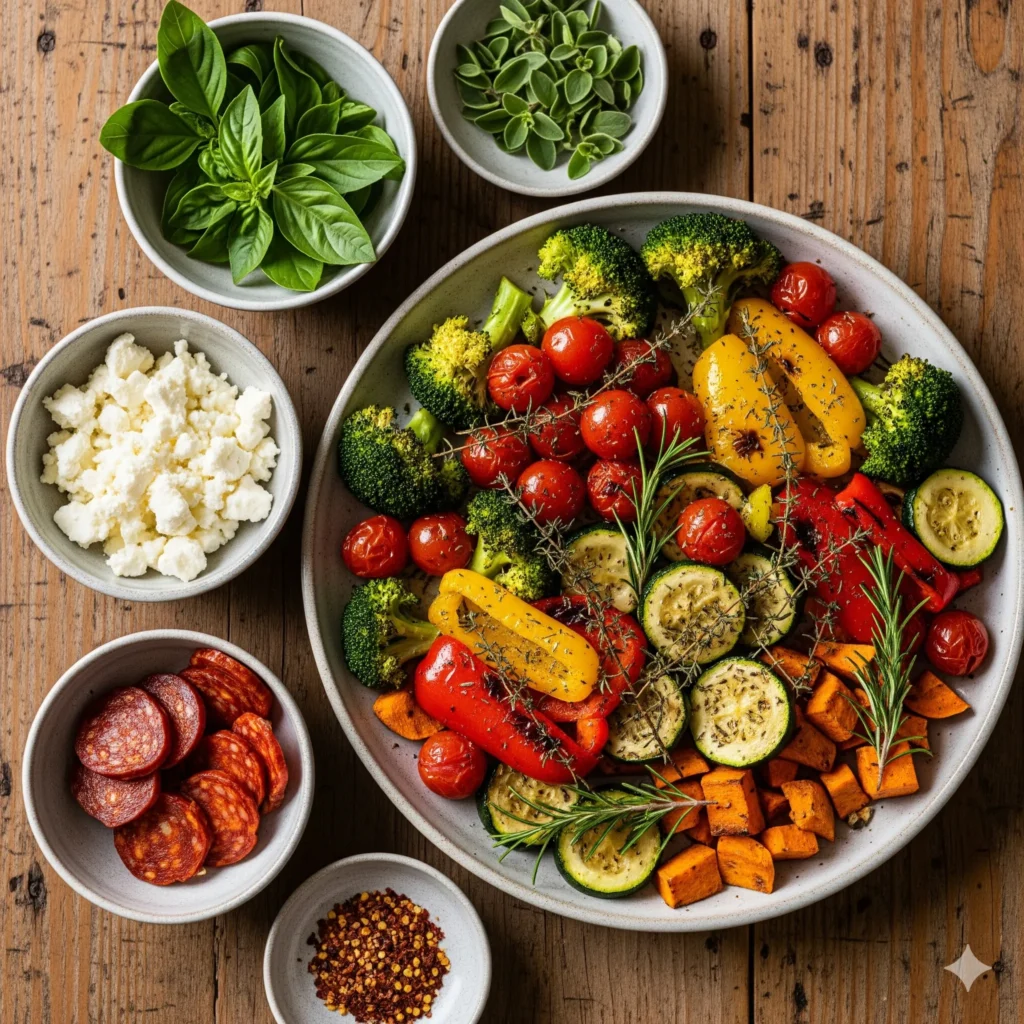 Roasted broccoli and bell peppers close-up