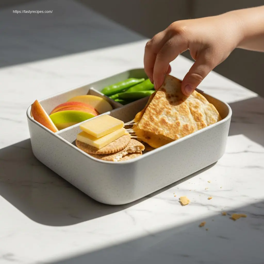 School Lunch Ideas: How to Pack 8 Healthy Lunches 2 Hand grabbing quesadilla from bento box, school lunch