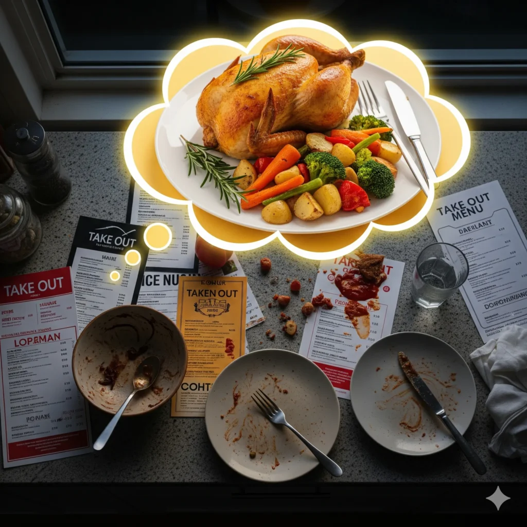 A table with empty takeout containers and menus with a thought bubble showing a roasted chicken with vegetables.