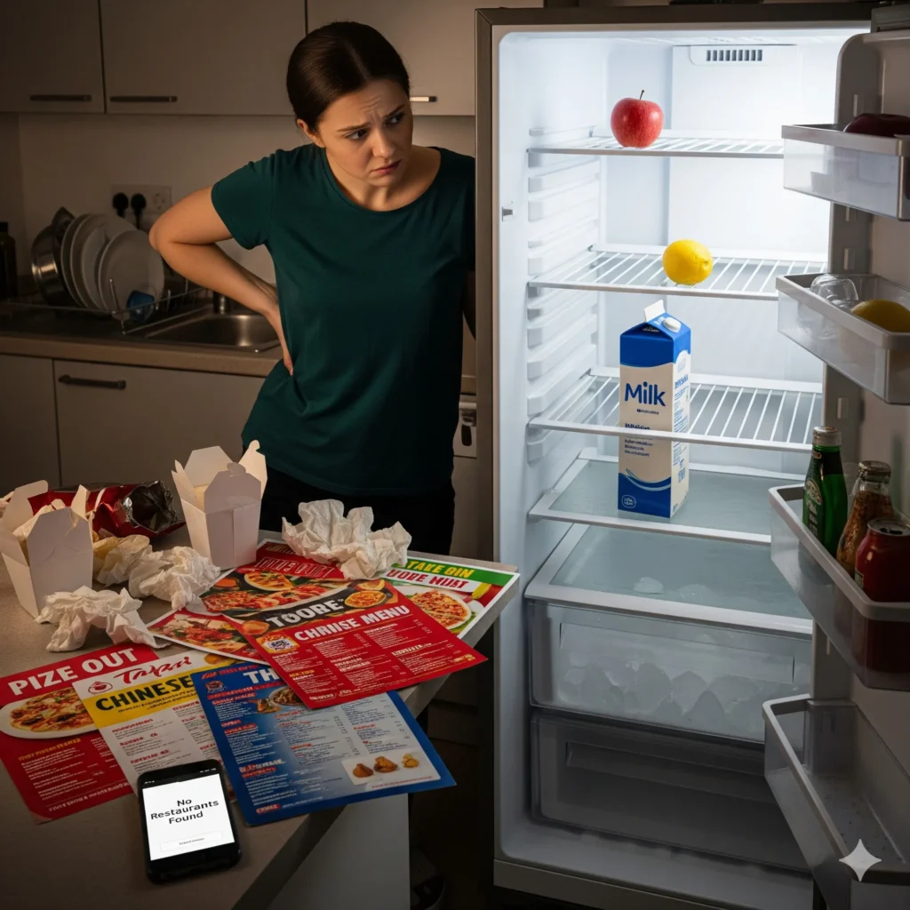 Woman looking into an empty fridge