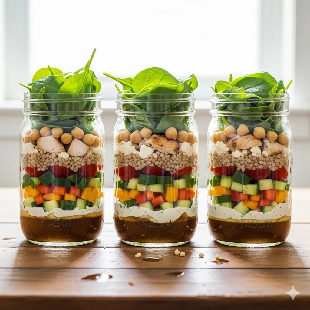 Mason jars layered with colorful salad ingredients