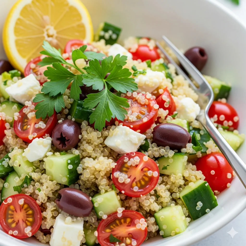 Mediterranean quinoa salad with olives and feta