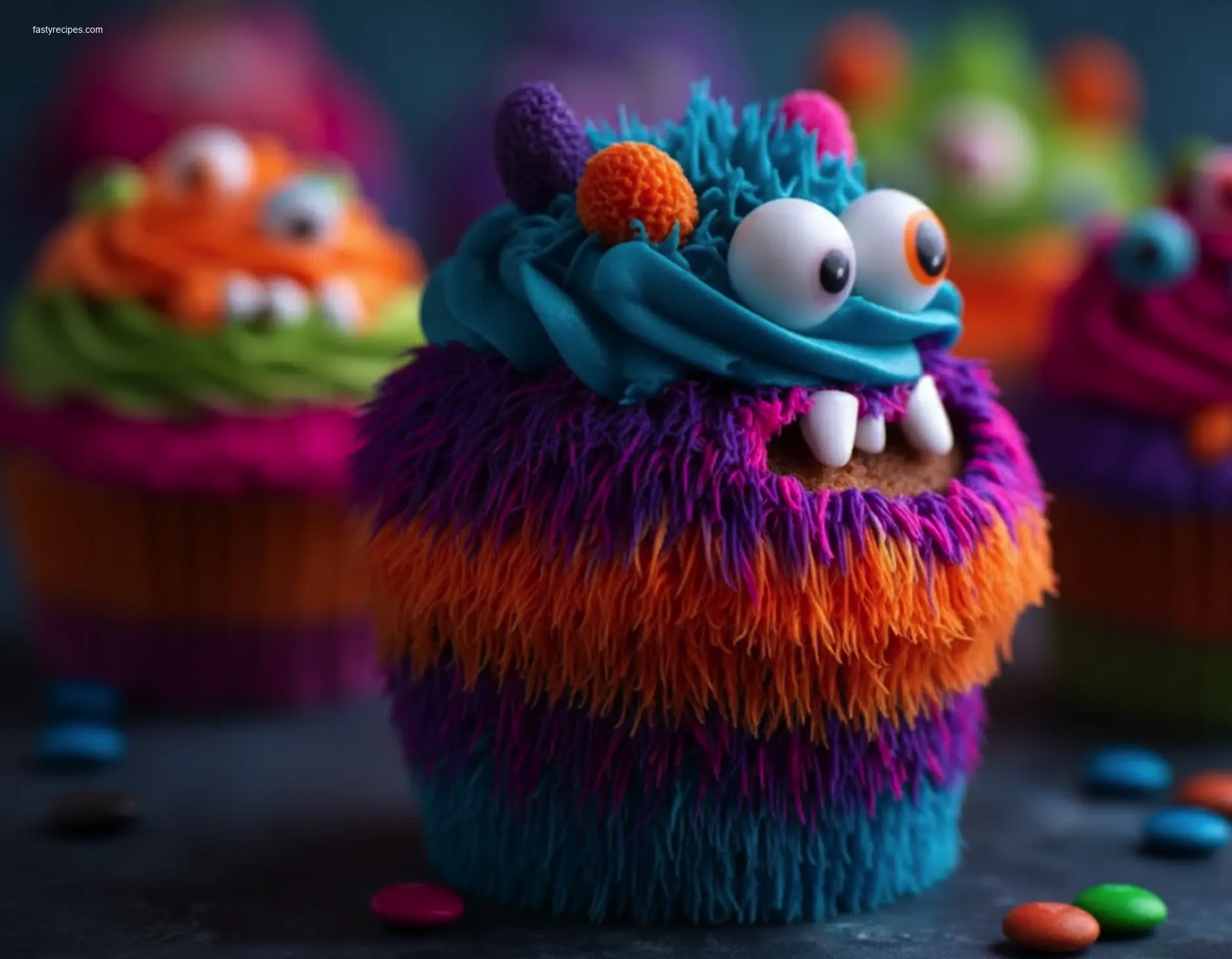 Overhead view of colorful monster cupcakes