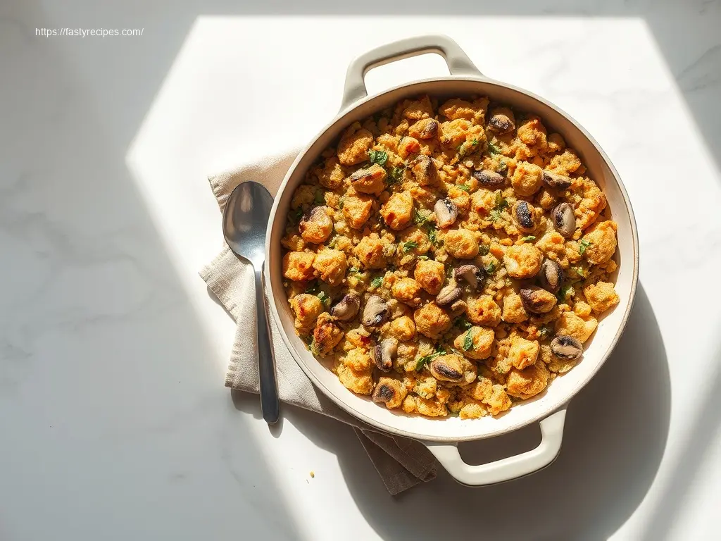 Delicious vegetarian mushroom stuffing in a stoneware dish
