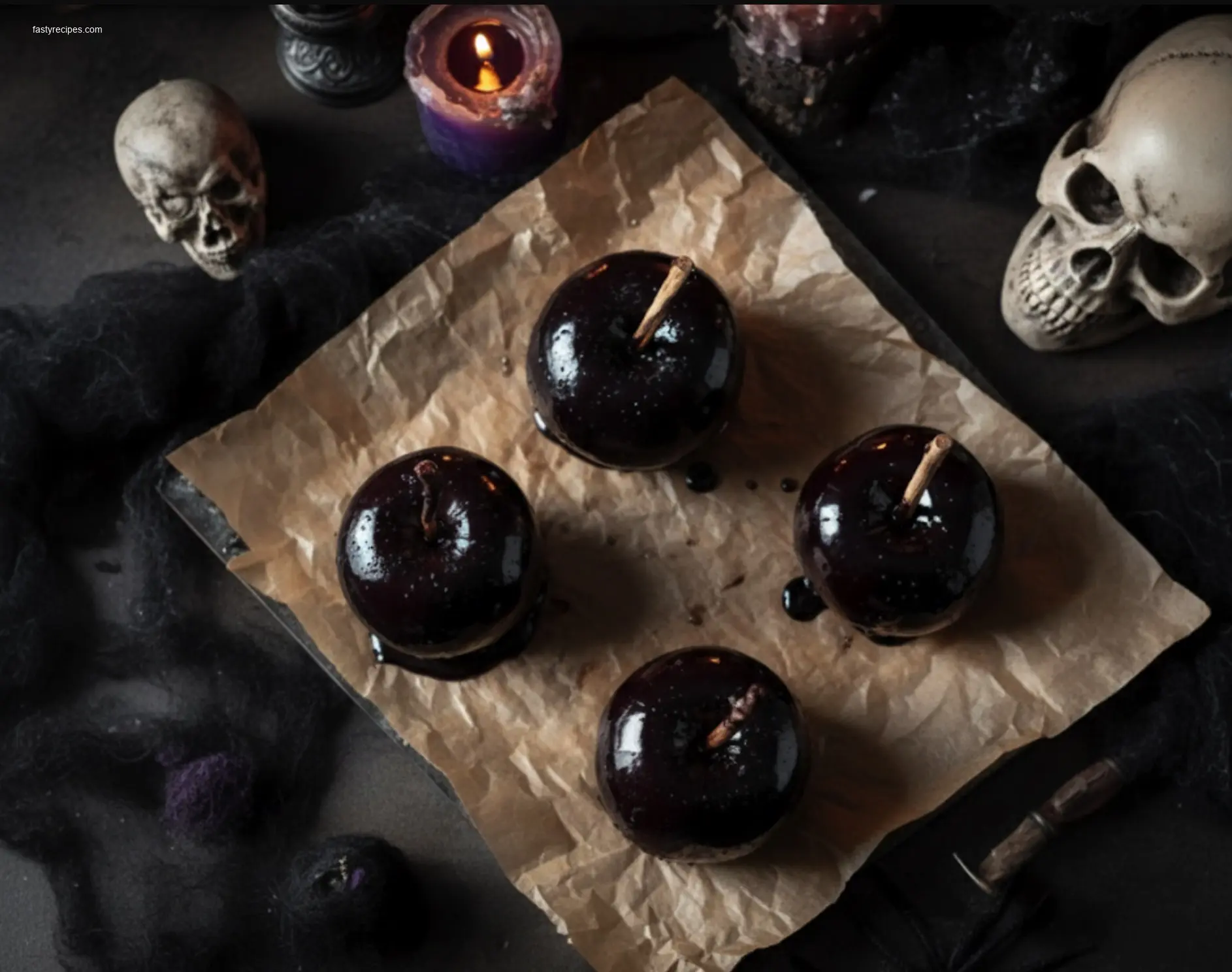 Black poison swirl candy apple on ceramic plate