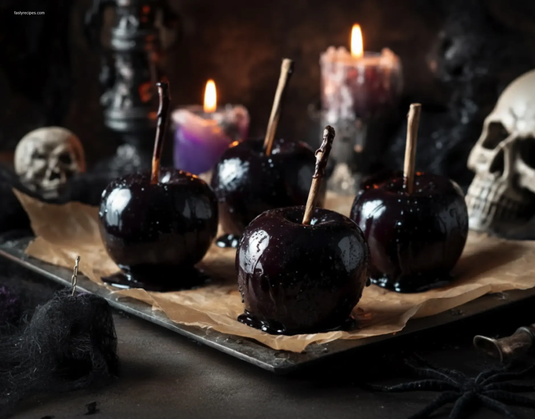 Three poison apples on white marble table