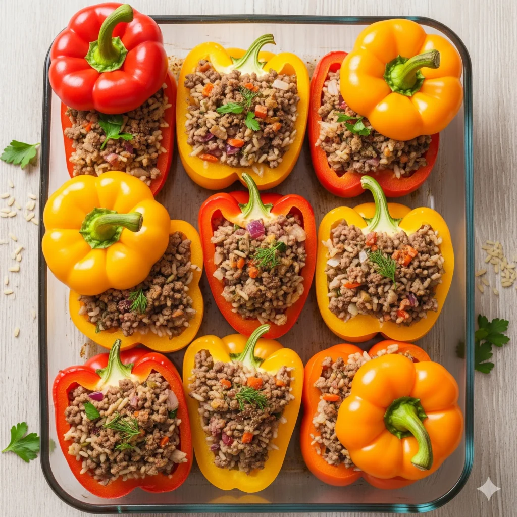 A glass baking dish filled with red and yellow bell peppers stuffed with rice and ground beef.