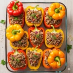 A glass baking dish filled with red and yellow bell peppers stuffed with rice and ground beef.