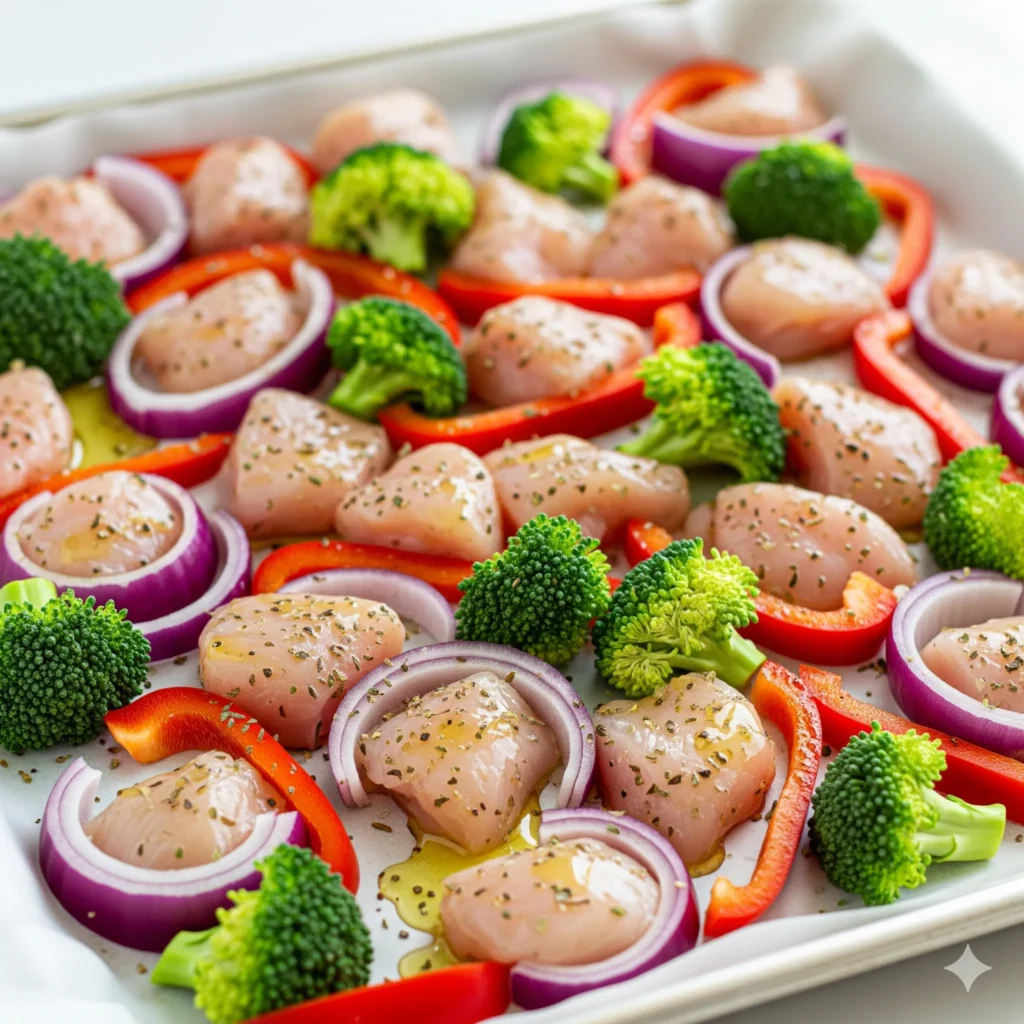 Easy Dinner Ideas: 6 Surprising Pantry Meals 4 Raw chicken chunks with broccoli red onion and bell peppers arranged on a sheet pan.