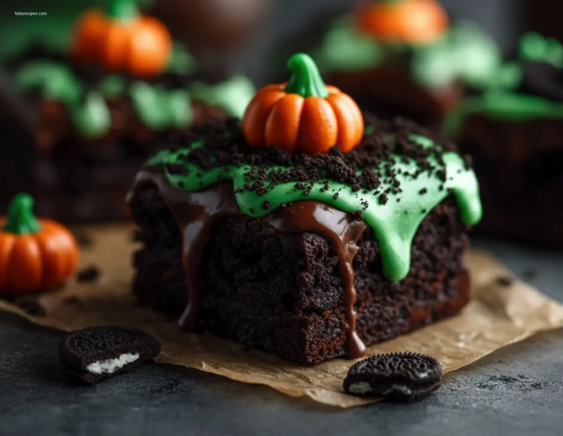 Delicious Pumpkin Patch Brownies on white marble table