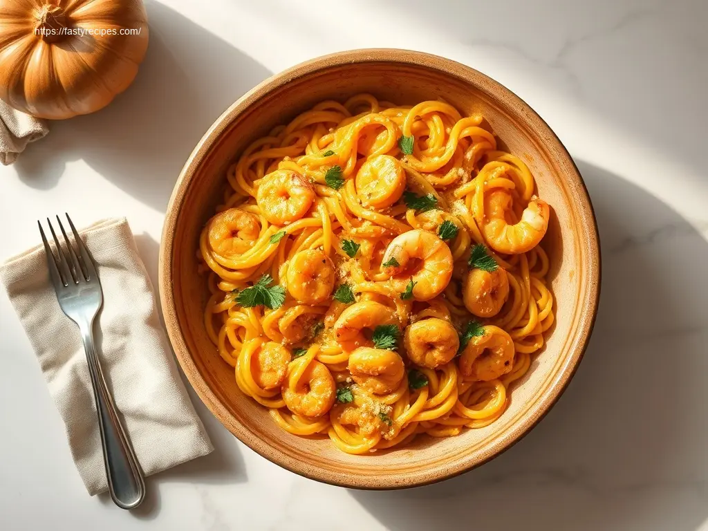 Creamy Pumpkin Shrimp Pasta with fresh parsley and Parmesan