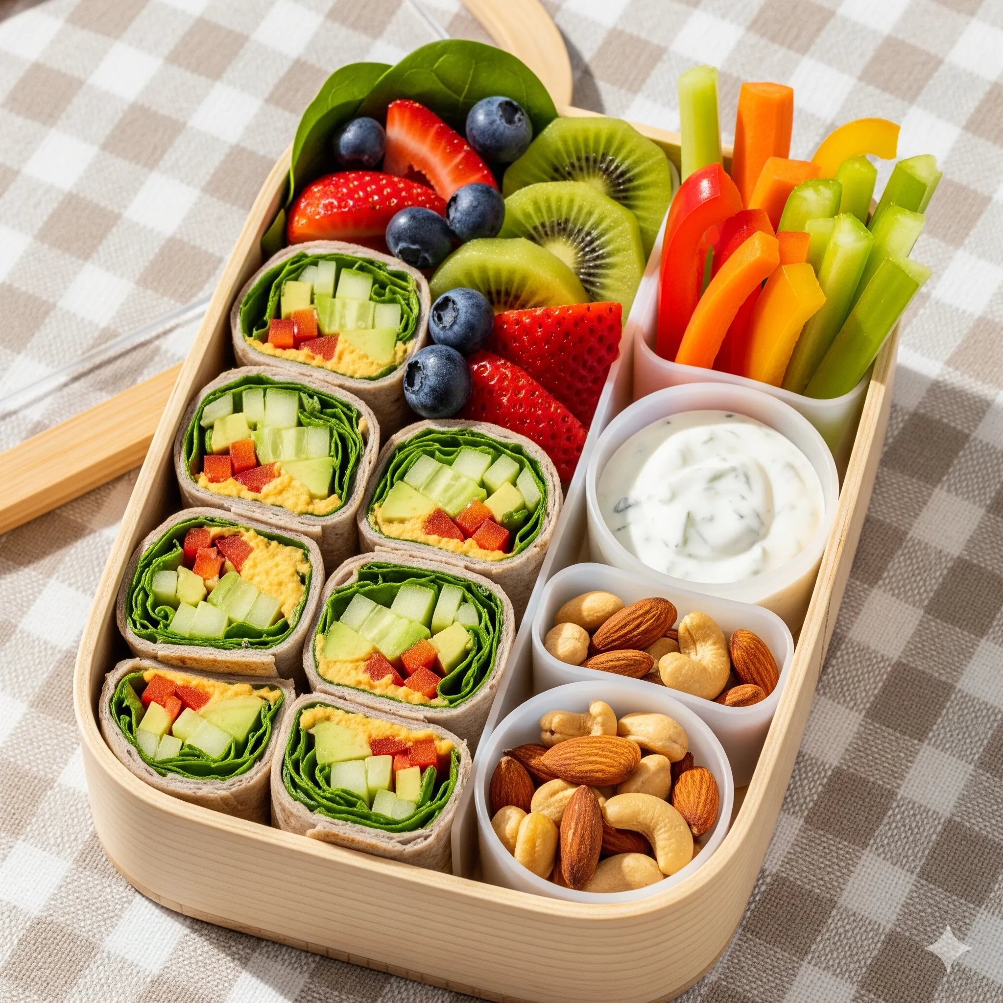 Colorful bento lunchbox with wraps fruits and nuts
