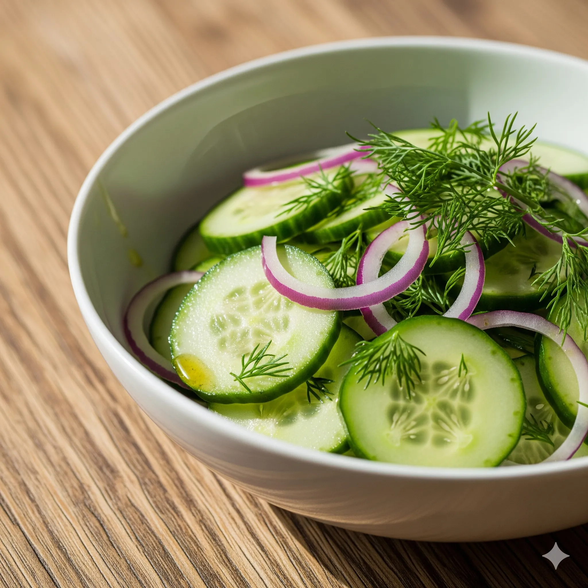 Cucumber Salad: My 1 Secret Ingredient Revealed 1 A bowl of cucumber salad with sliced cucumbers red onions and fresh dill.