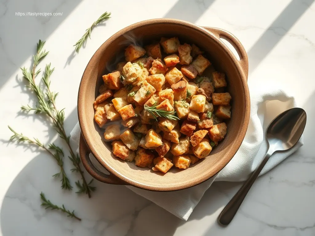 Delicious Savory Turkey Herb Stuffing in a bowl